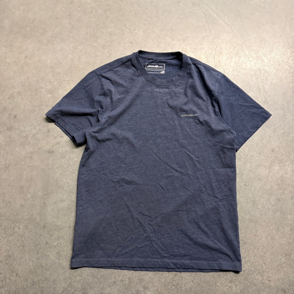 Eddie Bauer Mens Short Sleeve Heather Navy Blue Crew Neck Logo T-Shirt Medium